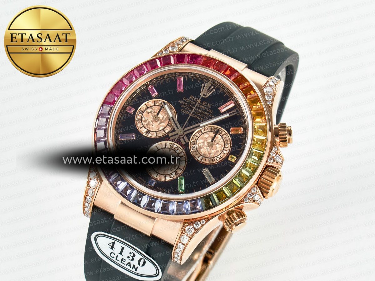 Rolex Daytona 116595 RBOW Clean RG 1:1 Best Edition 904L Rainbow Black Diamonds Dial on Black Rubber Strap SA4130 - Görsel 2
