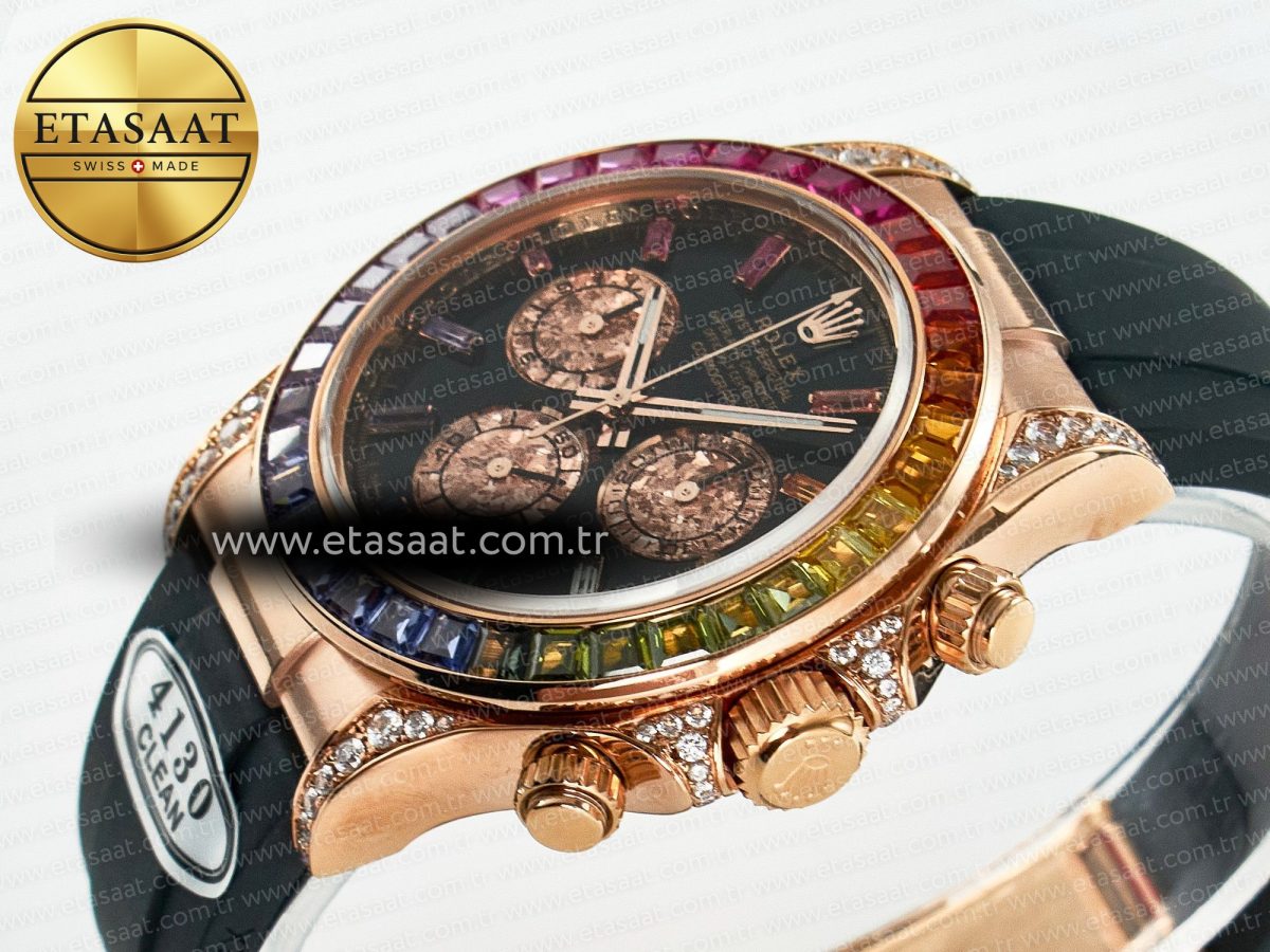 Rolex Daytona 116595 RBOW Clean RG 1:1 Best Edition 904L Rainbow Black Diamonds Dial on Black Rubber Strap SA4130 - Görsel 6