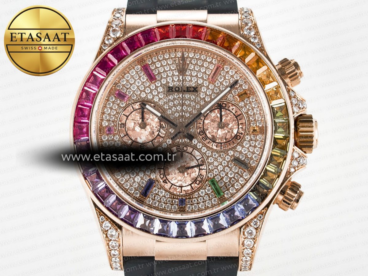 Rolex Daytona 116595 RBOW Clean RG 1:1 Best Edition 904L Rainbow Diamonds Dial on Black Rubber Strap SA4130 - Görsel 4