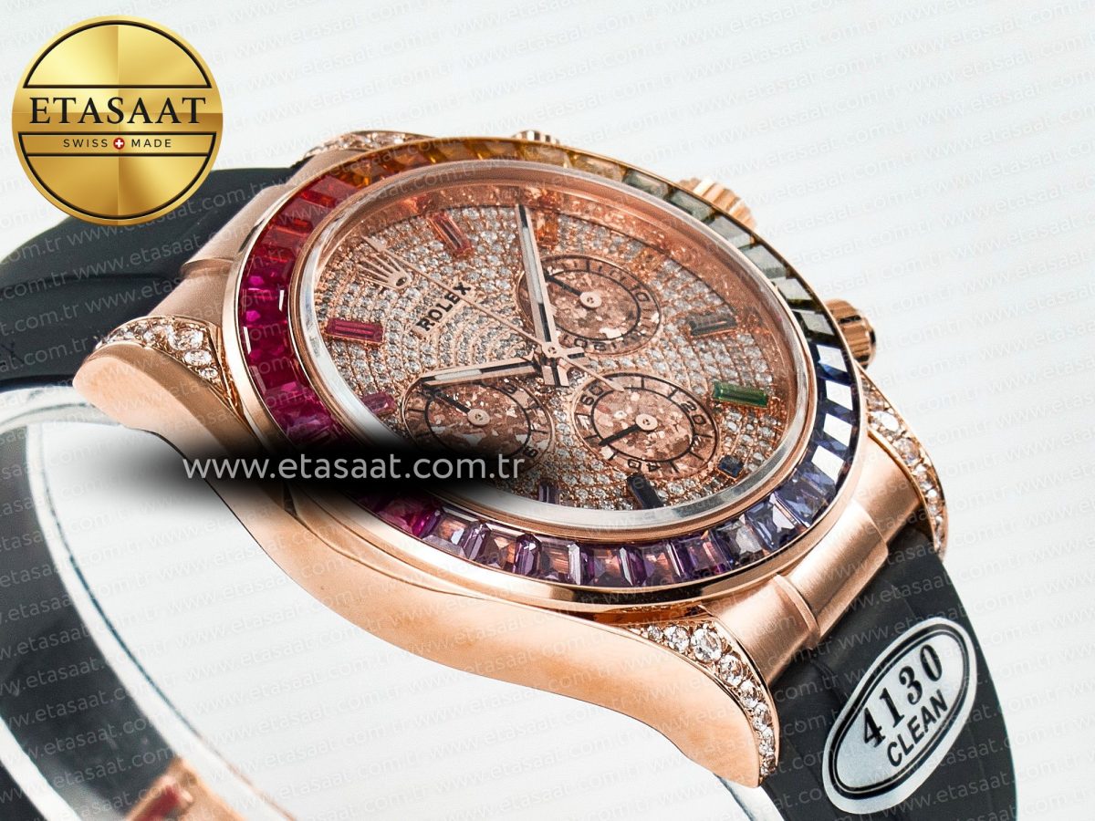 Rolex Daytona 116595 RBOW Clean RG 1:1 Best Edition 904L Rainbow Diamonds Dial on Black Rubber Strap SA4130 - Görsel 7