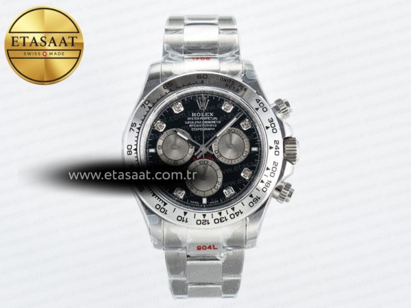 Rolex Daytona 126509 QF Siyah/Gümüş Pırlantalı SH4131 Eta Saat - 1:1 Süper Klon Replika Saat