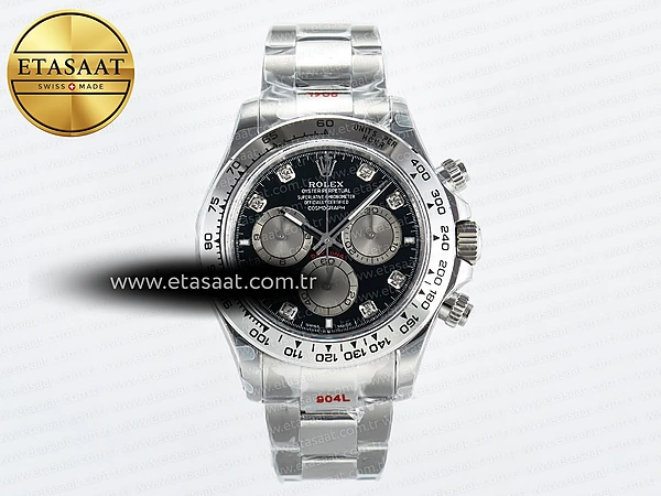 Rolex Daytona 126509 QF Siyah/Gümüş Pırlantalı SH4131 Eta Saat - 1:1 Süper Klon Replika Saat