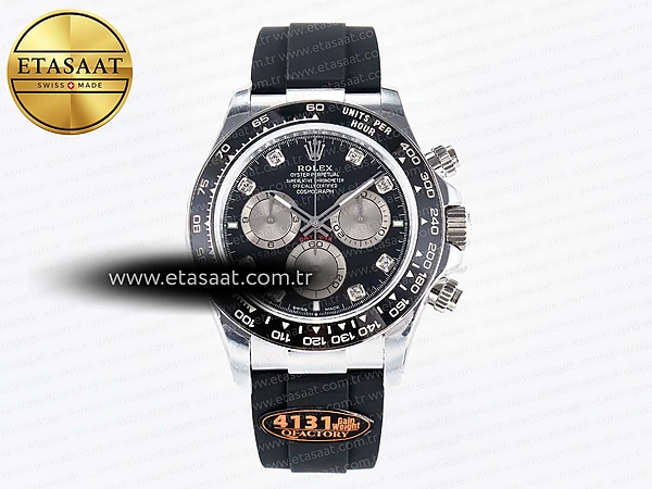 Rolex Daytona 126519 Siyah/Gümüş Pırlantalı SH4131 Eta Saat - 1:1 Süper Klon Replika Saat