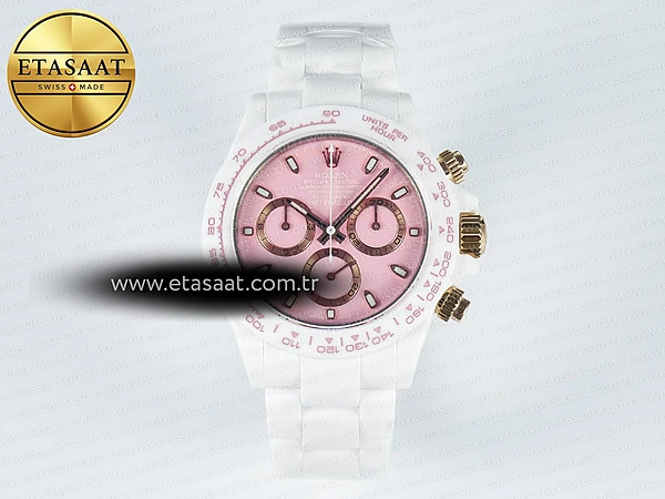 Rolex Daytona Aet Beyaz Seramik Pembe Kadran N6F SA4130 Eta Saat - 1:1 Süper Klon Replika Saat