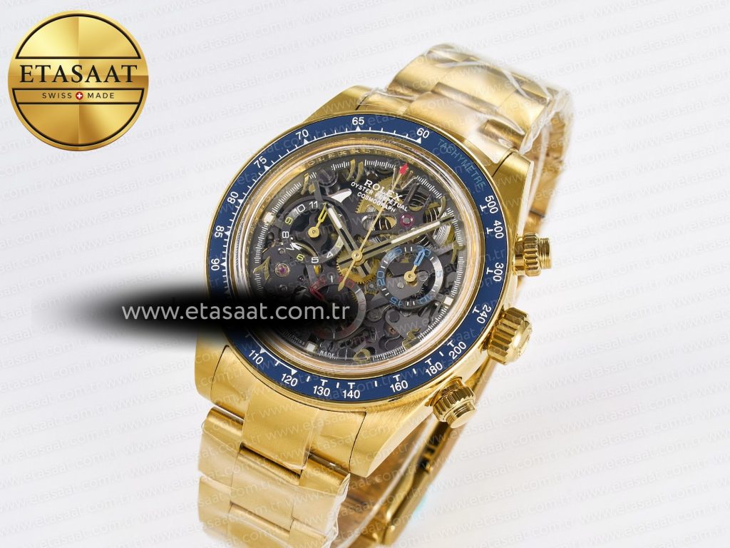 daytona artisans skeleton yg adgf best edition blue ceramic bezel skeleton dial on yg oyster bracelet sa41302