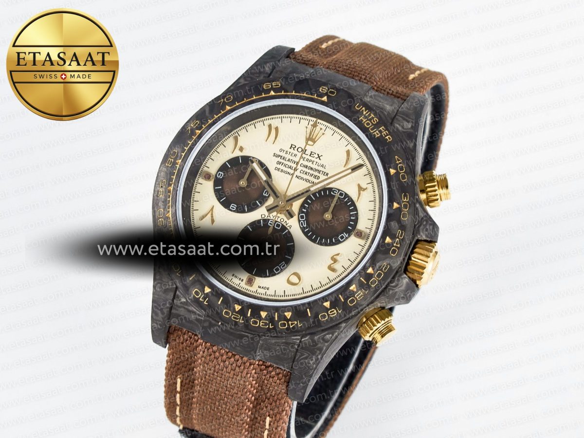 Rolex Daytona DIW Carbon Case and Bezel DIWF Edition Yellow Arabic Dial on Brown Nylon Strap A7750 - Görsel 2