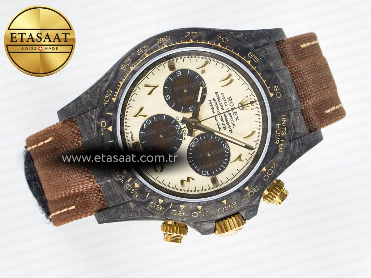 Rolex Daytona DIW Carbon Case and Bezel DIWF Edition Yellow Arabic Dial on Brown Nylon Strap A7750 - Görsel 8