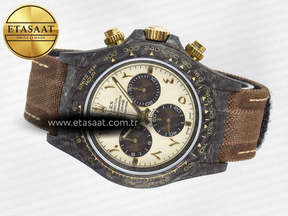 Rolex Daytona DIW Carbon Case and Bezel DIWF Edition Yellow Arabic Dial on Brown Nylon Strap A7750 - Görsel 9