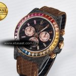 Rolex Daytona DIW Carbon Case DIWF Edition Black Dial Rainbow Diamonds Bezel on Brown Nylon Strap A7750