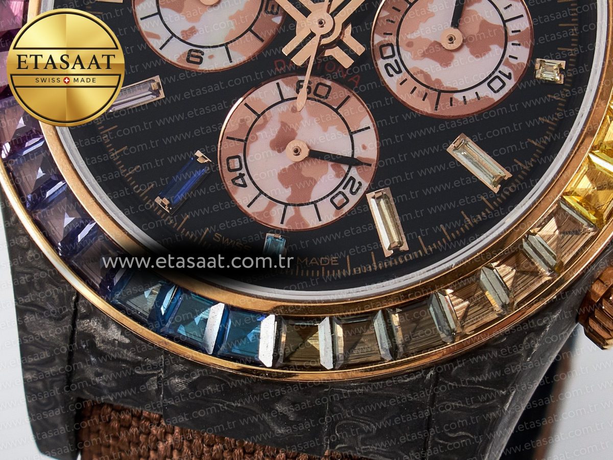 Rolex Daytona DIW Carbon Case DIWF Edition Black Dial Rainbow Diamonds Bezel on Brown Nylon Strap A7750 - Görsel 13