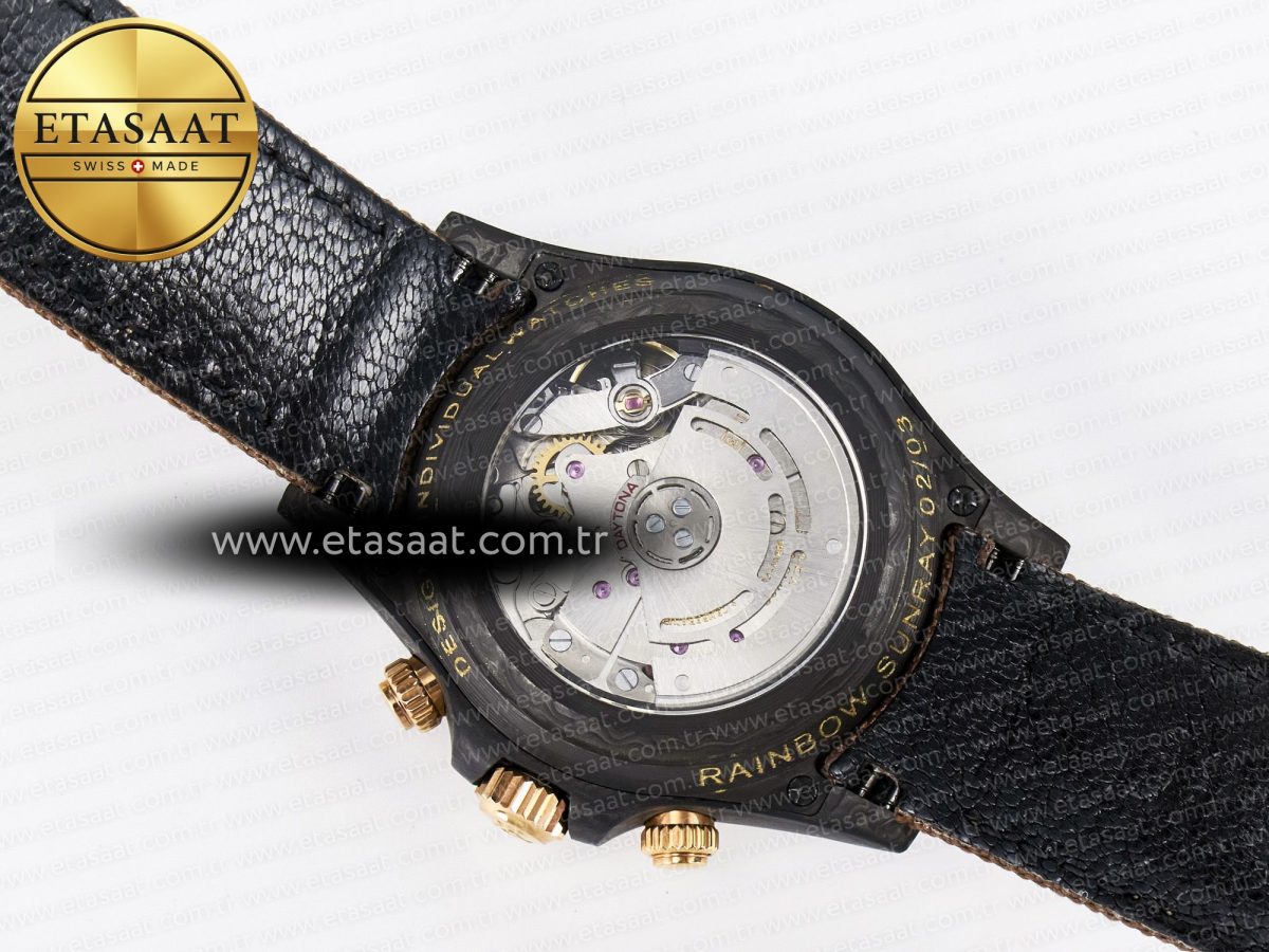 Rolex Daytona DIW Carbon Case DIWF Edition Black Dial Rainbow Diamonds Bezel on Brown Nylon Strap A7750 - Görsel 18