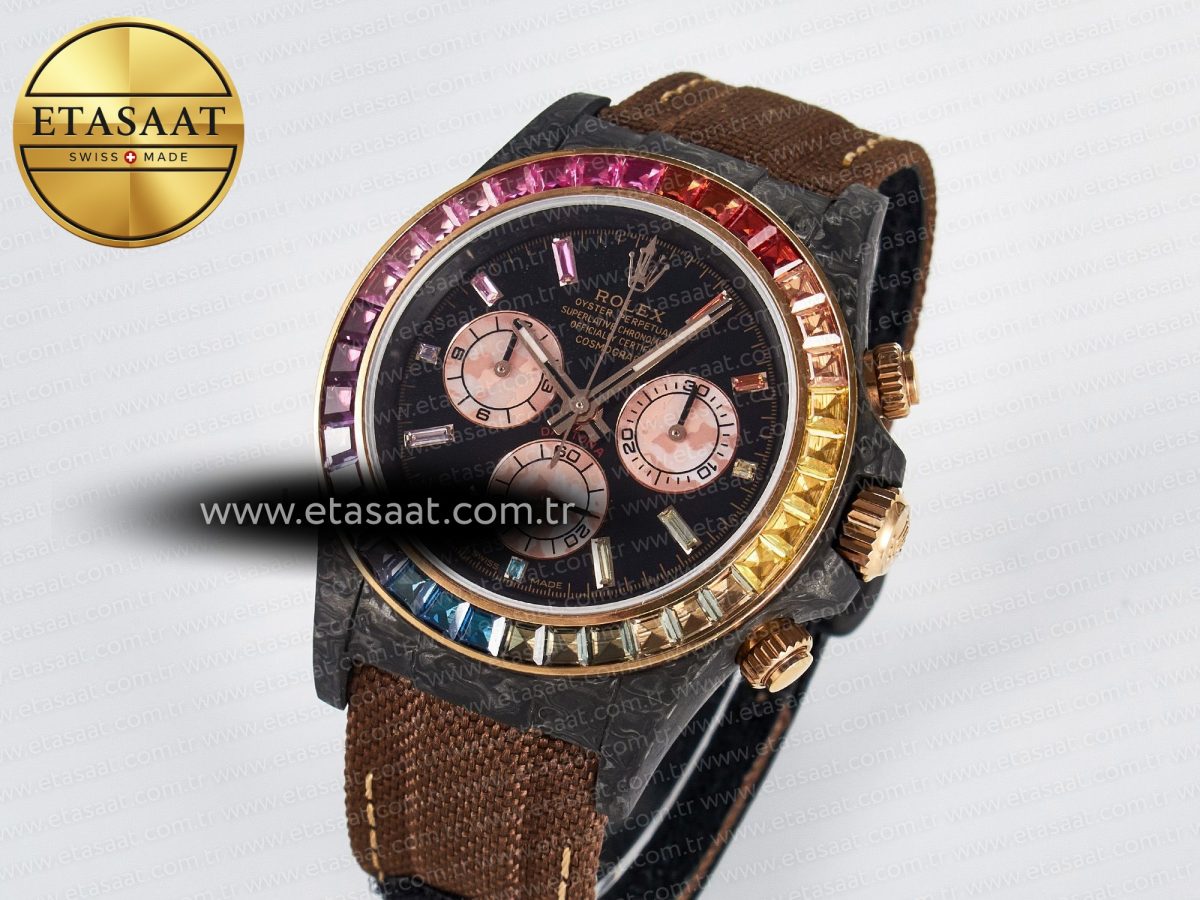 Rolex Daytona DIW Carbon Case DIWF Edition Black Dial Rainbow Diamonds Bezel on Brown Nylon Strap A7750 - Görsel 2