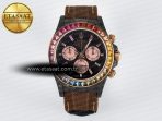 Rolex Daytona DIW Carbon Case DIWF Edition Black Dial Rainbow Diamonds Bezel on Brown Nylon Strap A7750 - Görsel 3