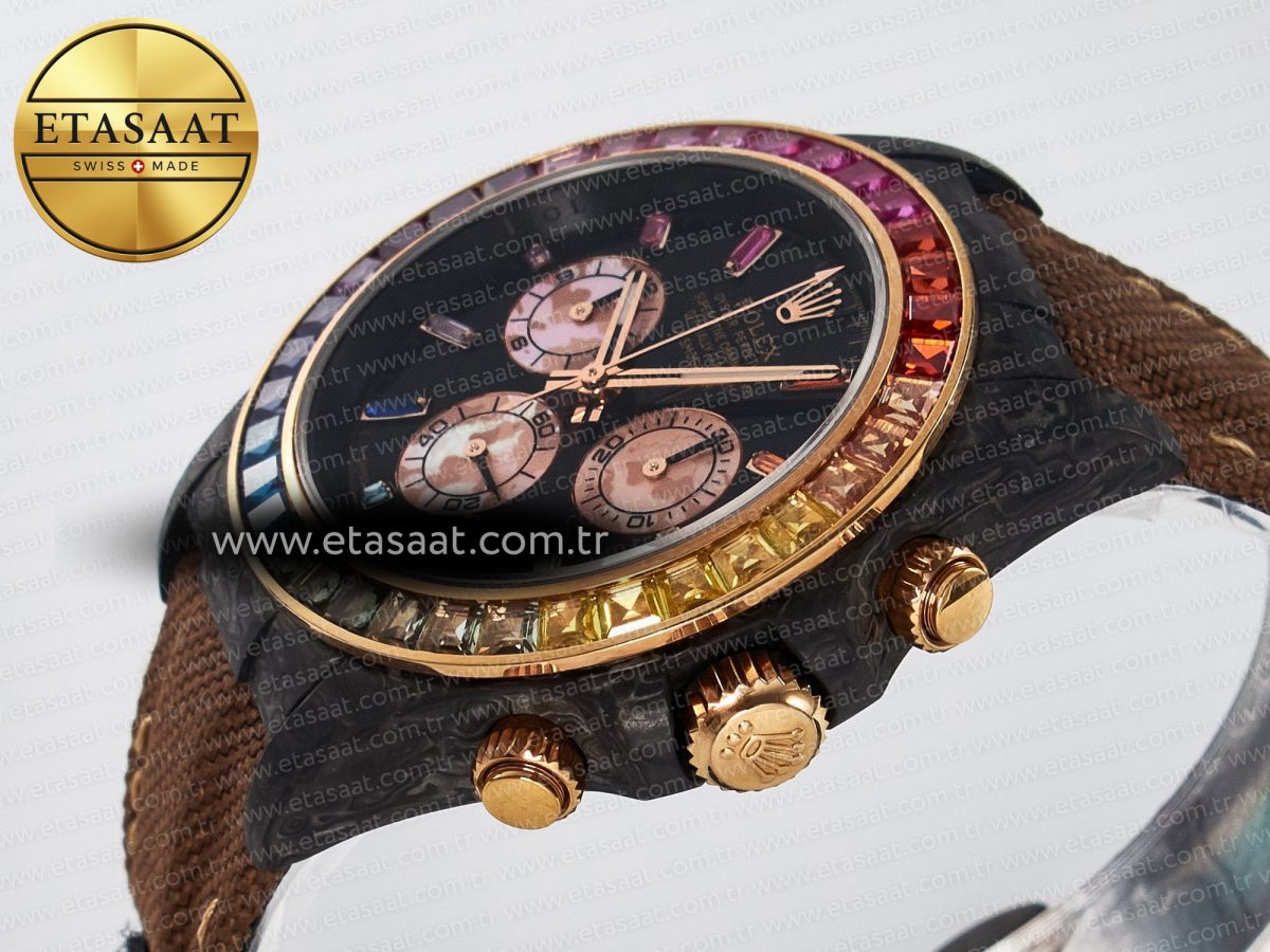 Rolex Daytona DIW Carbon Case DIWF Edition Black Dial Rainbow Diamonds Bezel on Brown Nylon Strap A7750 - Görsel 6