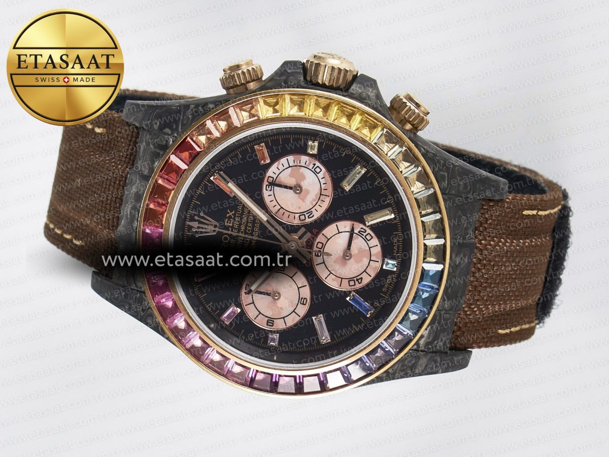 Rolex Daytona DIW Carbon Case DIWF Edition Black Dial Rainbow Diamonds Bezel on Brown Nylon Strap A7750 - Görsel 9