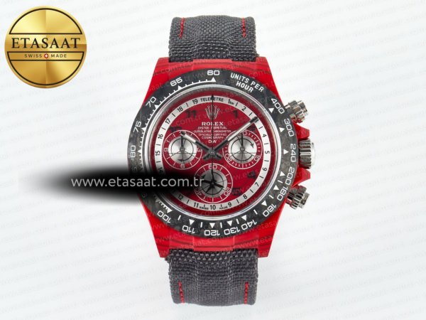 Rolex Daytona DIW Karbon DIWF Kırmızı Kadran Gri SH7750 Eta Saat - 1:1 Süper Klon Replika Saat
