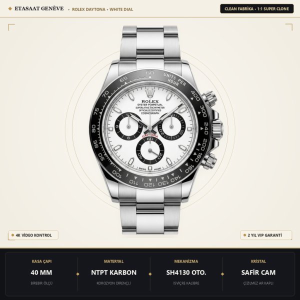 Rolex Daytona Desert Eagle Beyaz Karbon SH4130 Eta Saat - 1:1 Süper Klon Replika Saat
