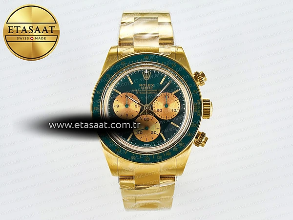 Rolex Daytona YG Adgf Yeşil/Altın Kadran Bilezik A7750 Eta Saat - 1:1 Süper Klon Replika Saat