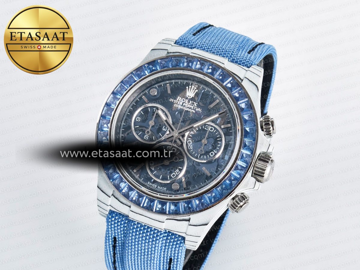 Rolex Daytona ZIF REMOULD White Carbon GETF Best Edition Blue Skeleton Dial Blue Diamonds Bezel on Blue Nylon Strap DD4802 - Görsel 1