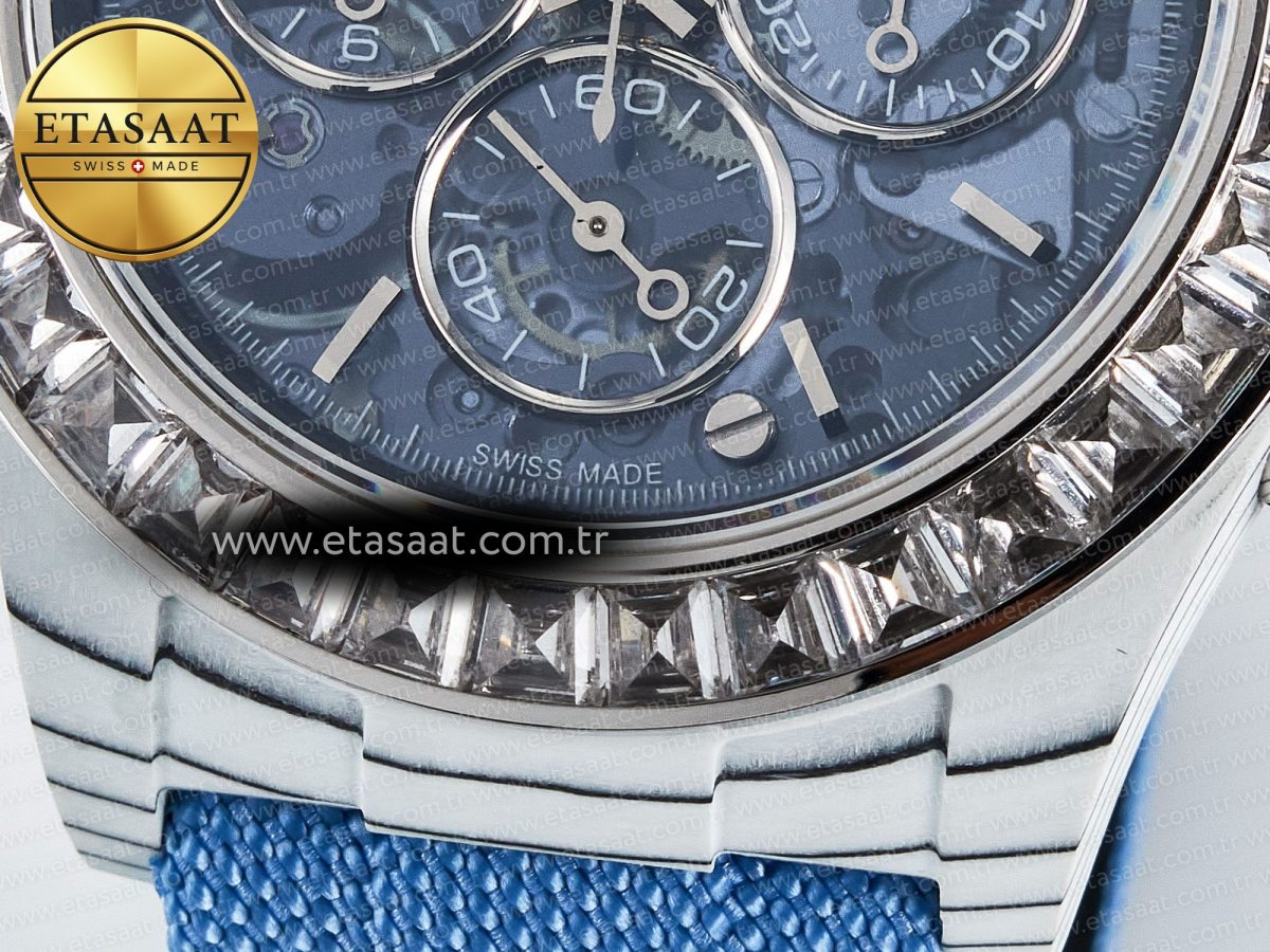 Rolex Daytona ZIF REMOULD White Carbon GETF Best Edition Blue Skeleton Dial Diamonds Bezel on Blue Nylon Strap DD4802 - Görsel 12