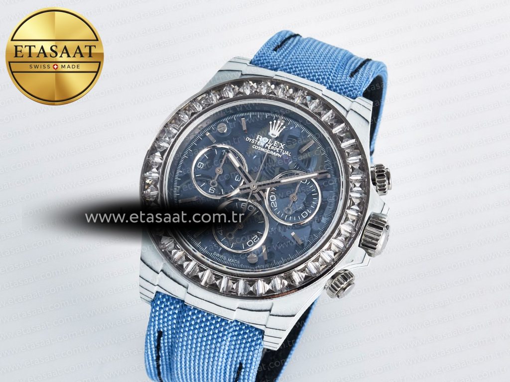 daytona zif remould white carbon getf best edition blue skeleton dial diamonds bezel on blue nylon strap dd48022