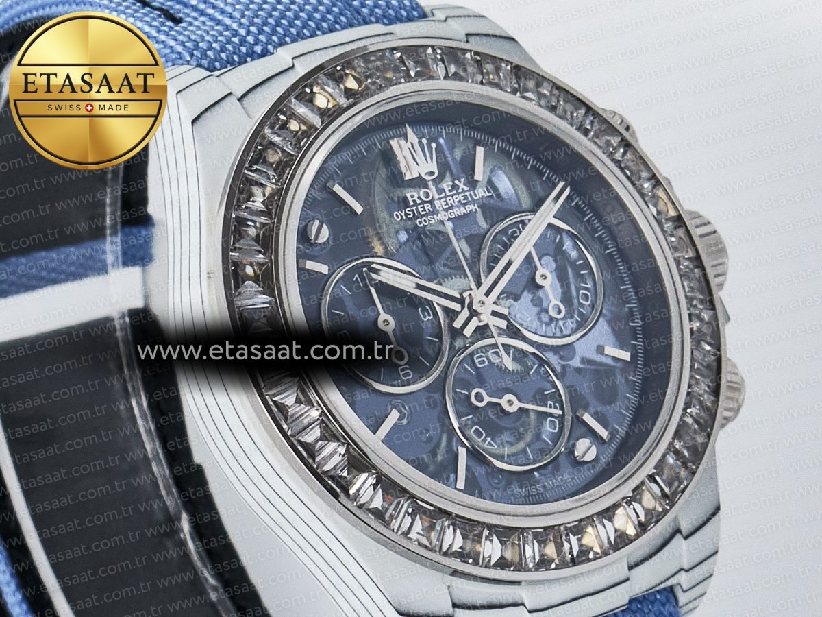 Rolex Daytona ZIF REMOULD White Carbon GETF Best Edition Blue Skeleton Dial Diamonds Bezel on Blue Nylon Strap DD4802 - Görsel 5