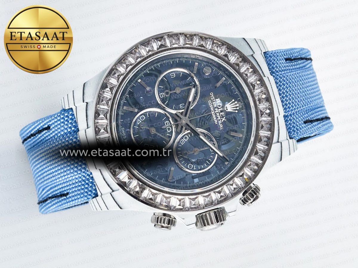 Rolex Daytona ZIF REMOULD White Carbon GETF Best Edition Blue Skeleton Dial Diamonds Bezel on Blue Nylon Strap DD4802 - Görsel 8