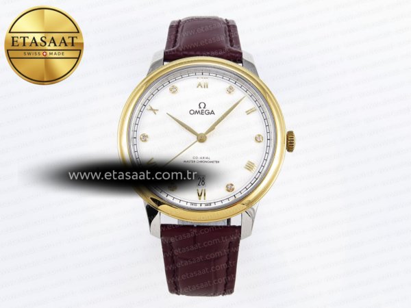 Omega De Ville Date Beyaz Pırlantalı Kahve A8800 Eta Saat - 1:1 Süper Klon Replika Saat