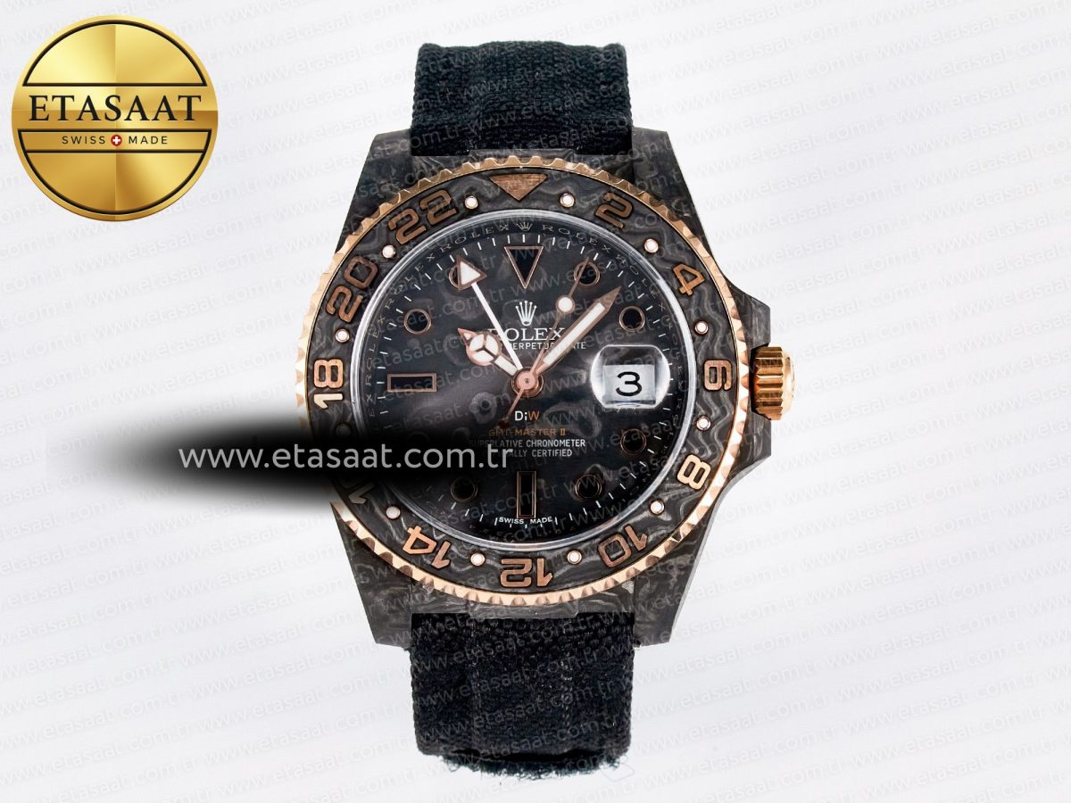 Rolex GMT Carbon DIWF Best Edition Black Carbon Dial Markers on Black Nylon Strap SA3186 - Görsel 3