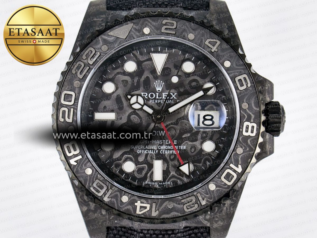 Rolex GMT Carbon DIWF Best Edition Black Carbon Dial SS Markers on Black Nylon Strap SA3285 - Görsel 4