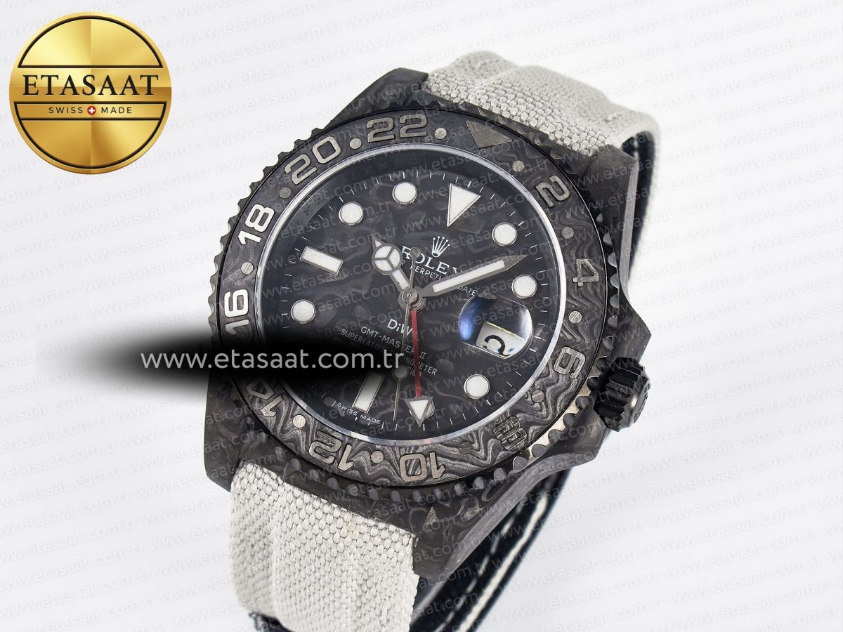 Rolex GMT Carbon Best Edition Black Carbon Dial Markers on White Nylon Strap SA3285 - Görsel 2