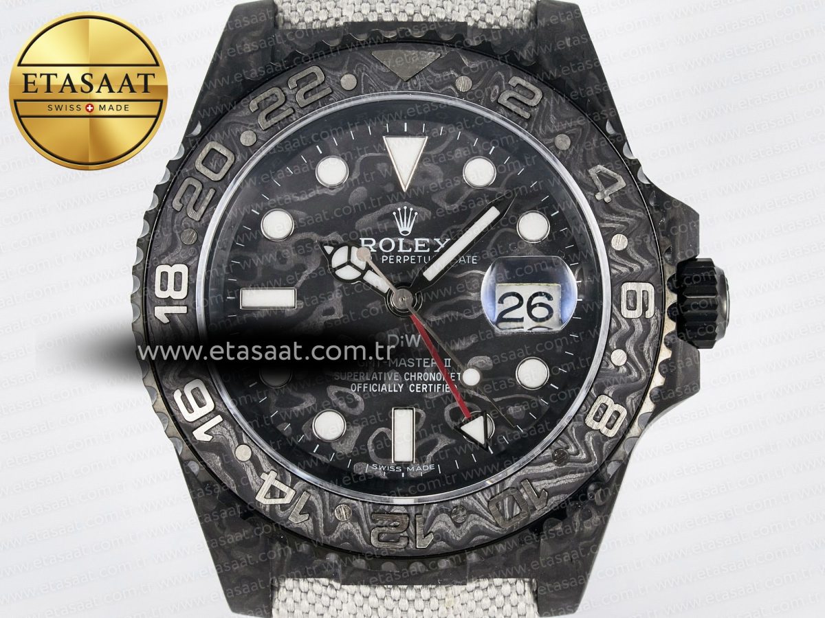 Rolex GMT Carbon Best Edition Black Carbon Dial Markers on White Nylon Strap SA3285 - Görsel 4