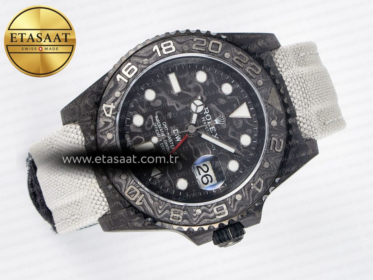 Rolex GMT Carbon Best Edition Black Carbon Dial Markers on White Nylon Strap SA3285 - Görsel 8