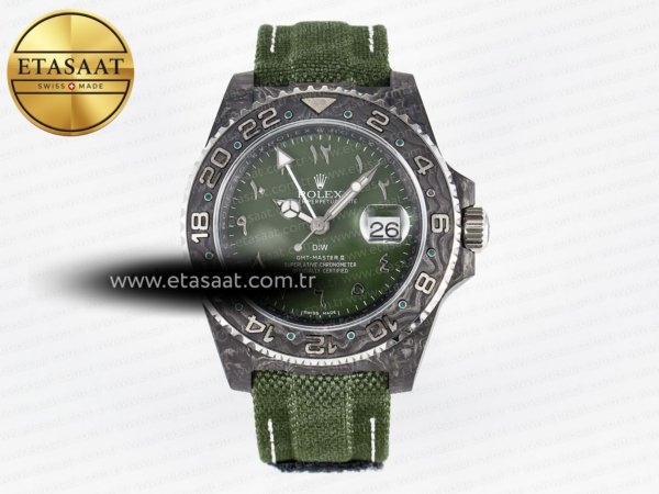 Rolex GMT Karbon DIWF Yeşil Arap Kadran Kumaş SA3186 Eta Saat - 1:1 Süper Klon Replika Saat