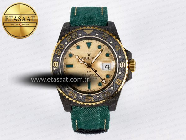 Rolex GMT Karbon DIWF Sarı Kadran Yeşil Kumaş SA3285 Eta Saat - 1:1 Süper Klon Replika Saat