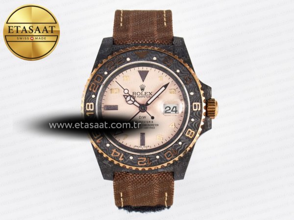 Rolex GMT Karbon Sarı Roma Kadran Kahve Kumaş Kayış SA3285 Eta Saat - 1:1 Süper Klon Replika Saat