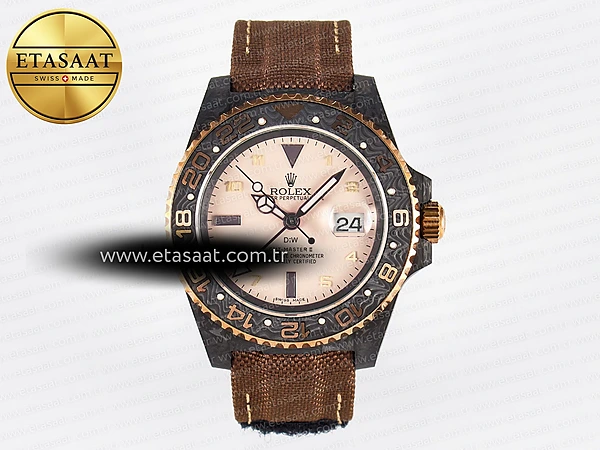 Rolex GMT Karbon Sarı Roma Kadran Kahve Kumaş Kayış SA3285 Eta Saat - 1:1 Süper Klon Replika Saat