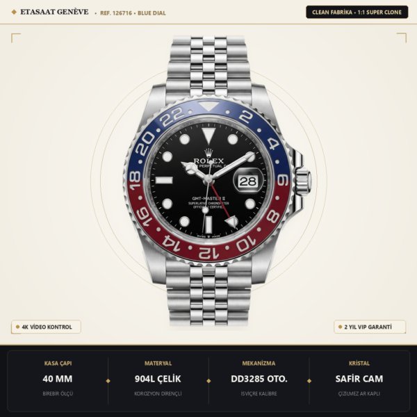 Rolex GMT-Master II 126716 Blaken 904L Mavi Kadran 11 Eta Saat - 1:1 Süper Klon Replika Saat
