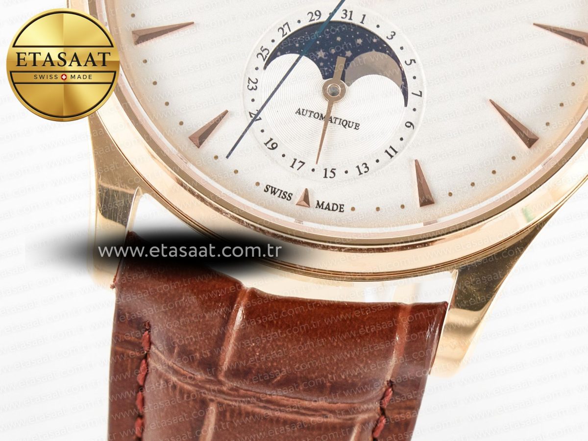 Jaeger Lecoultre Master Ultra Thin Moon RG Z+F 1:1 Best Edition White Dial on Brown Leather Strap A925 - Görsel 12