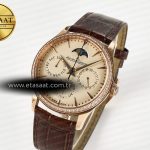 Jaeger Lecoultre Master Ultra Thin Perpetual Calendar RG V9F 1:1 Best Edition Cream Dial Diamonds Bezel on Brown Leather Strap A868 V2