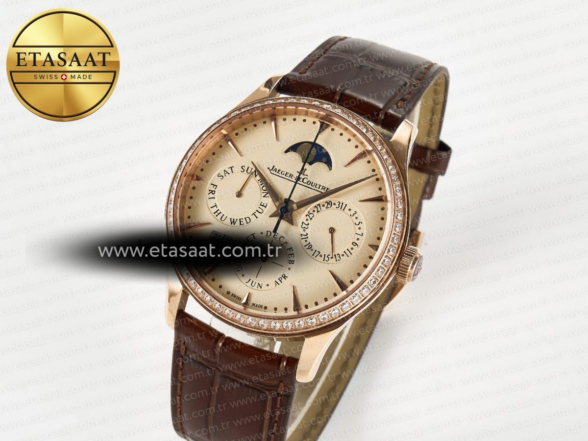 Jaeger Lecoultre Master Ultra Thin Perpetual Calendar RG V9F 1:1 Best Edition Cream Dial Diamonds Bezel on Brown Leather Strap A868 V2 - Görsel 2