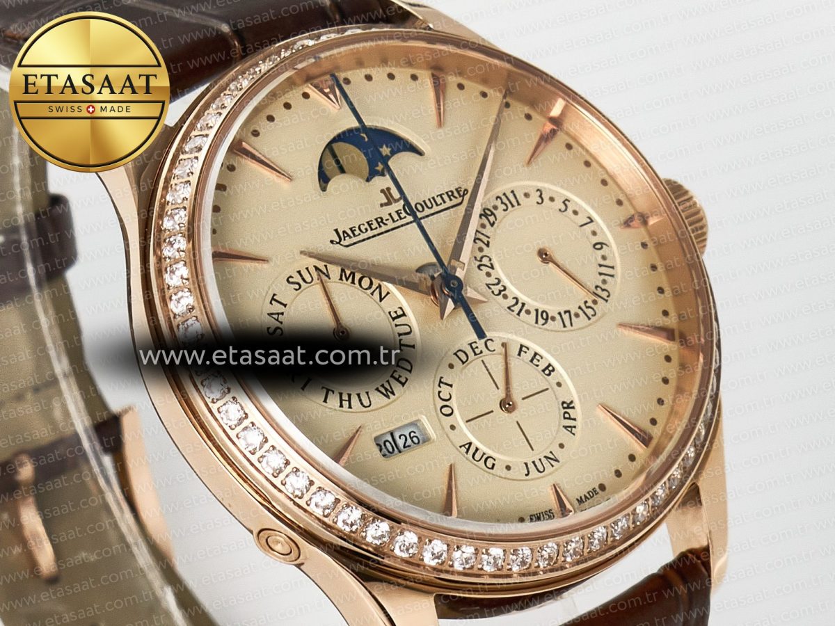 Jaeger Lecoultre Master Ultra Thin Perpetual Calendar RG V9F 1:1 Best Edition Cream Dial Diamonds Bezel on Brown Leather Strap A868 V2 - Görsel 5
