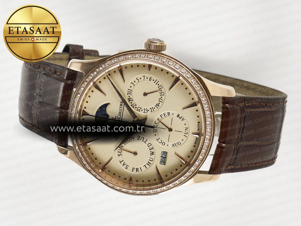 Jaeger Lecoultre Master Ultra Thin Perpetual Calendar RG V9F 1:1 Best Edition Cream Dial Diamonds Bezel on Brown Leather Strap A868 V2 - Görsel 9