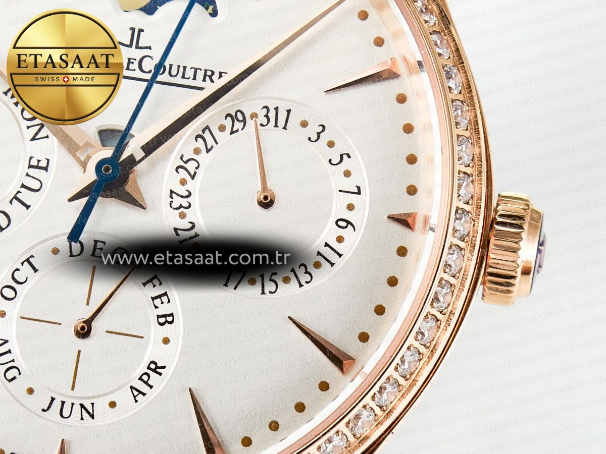 Jaeger Lecoultre Master Ultra Thin Perpetual Calendar RG V9F 1:1 Best Edition White Dial Diamonds Bezel on Black Leather Strap A868 V2 - Görsel 12
