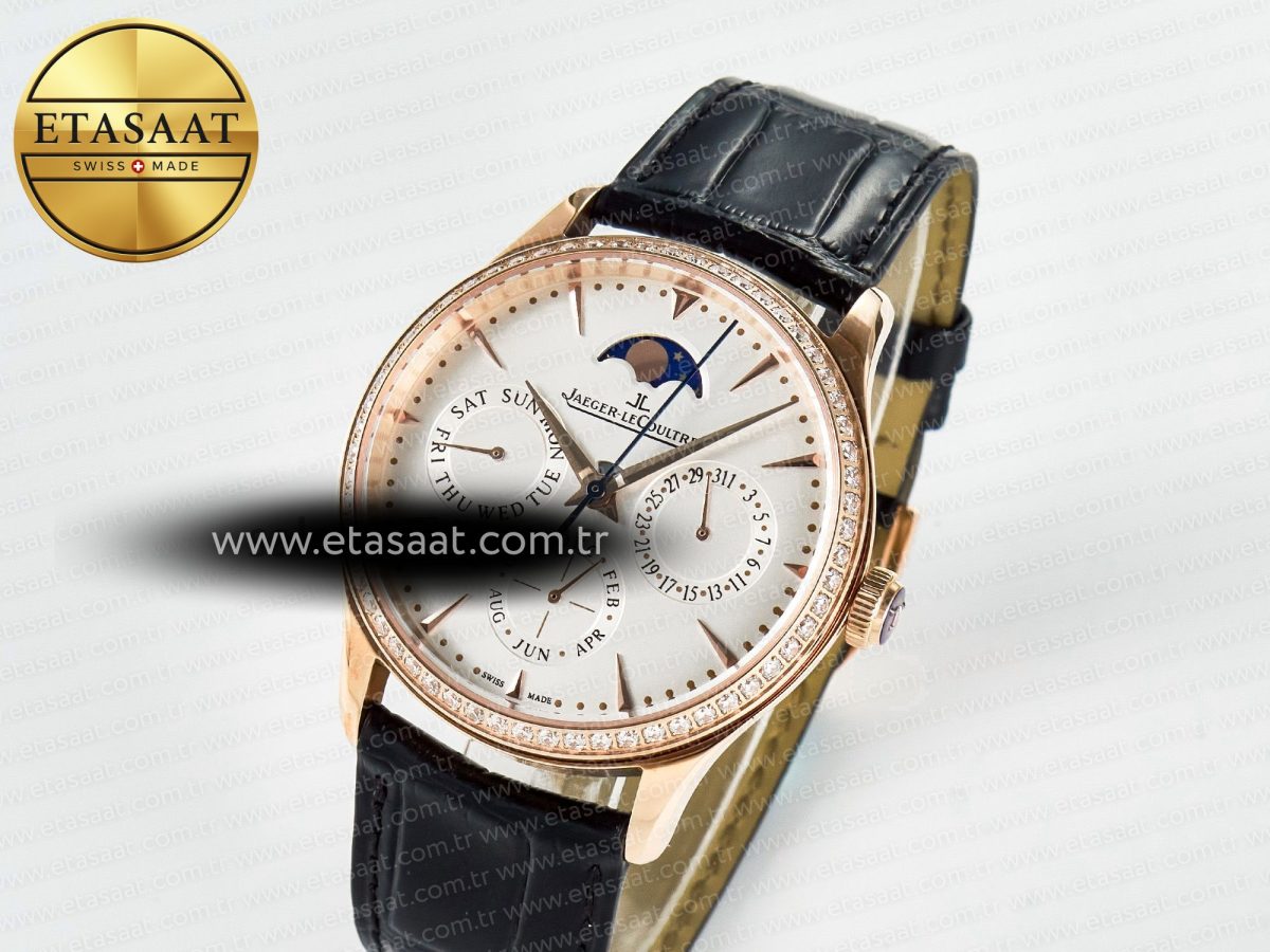 Jaeger Lecoultre Master Ultra Thin Perpetual Calendar RG V9F 1:1 Best Edition White Dial Diamonds Bezel on Black Leather Strap A868 V2 - Görsel 2