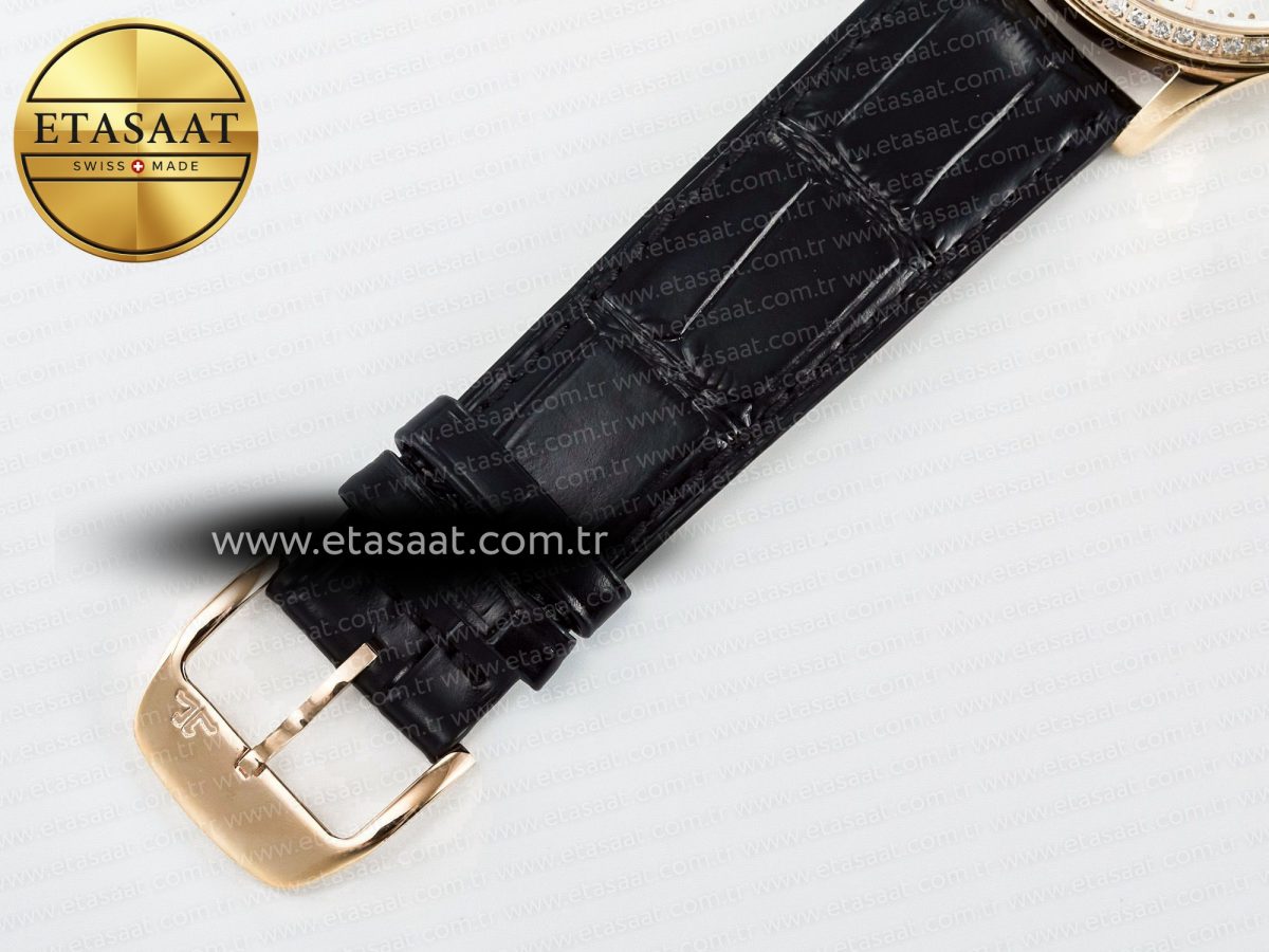 Jaeger Lecoultre Master Ultra Thin Perpetual Calendar RG V9F 1:1 Best Edition White Dial Diamonds Bezel on Black Leather Strap A868 V2 - Görsel 24