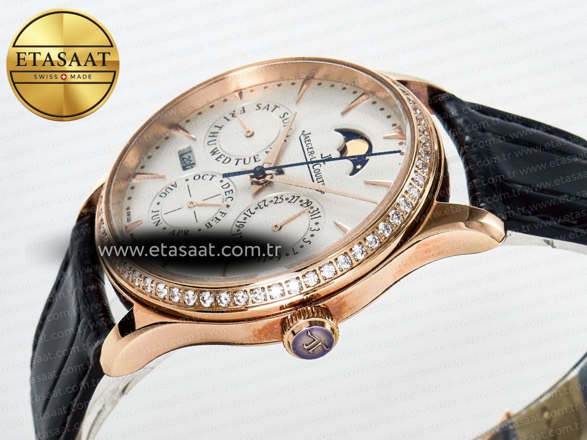 Jaeger Lecoultre Master Ultra Thin Perpetual Calendar RG V9F 1:1 Best Edition White Dial Diamonds Bezel on Black Leather Strap A868 V2 - Görsel 6