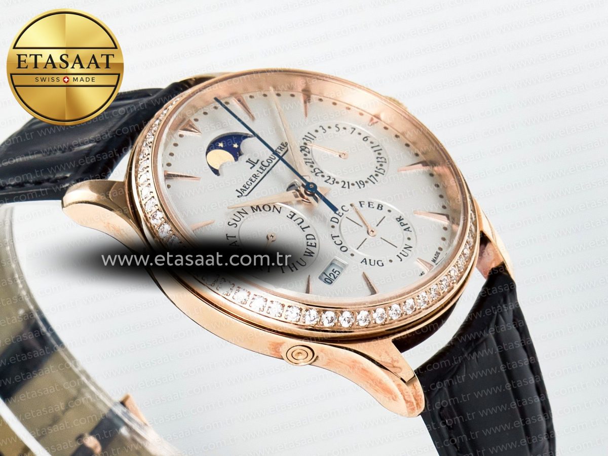 Jaeger Lecoultre Master Ultra Thin Perpetual Calendar RG V9F 1:1 Best Edition White Dial Diamonds Bezel on Black Leather Strap A868 V2 - Görsel 7