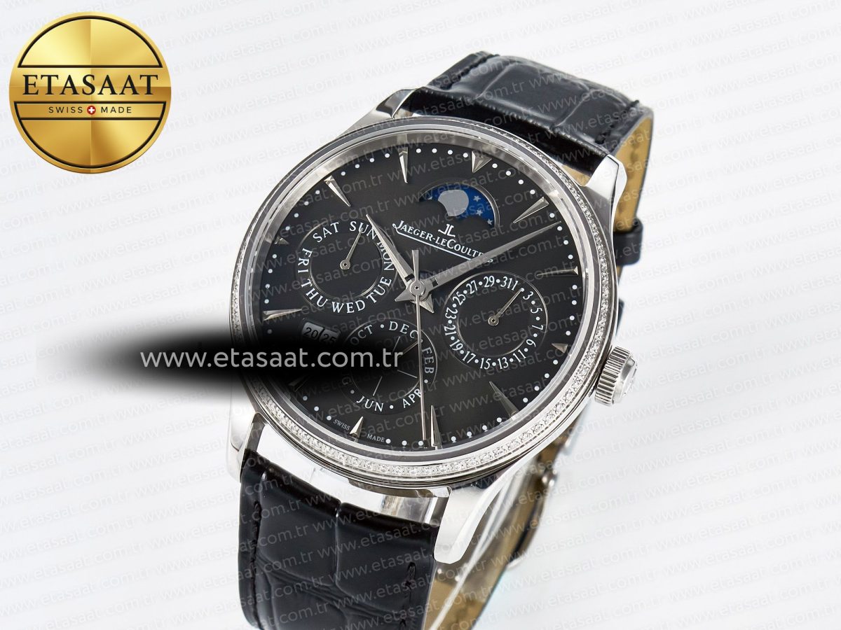 Jaeger Lecoultre Master Ultra Thin Perpetual Calendar SS V9F 1:1 Best Edition Gray Dial Diamonds Bezel on Black Leather Strap A868 V2 - Görsel 1