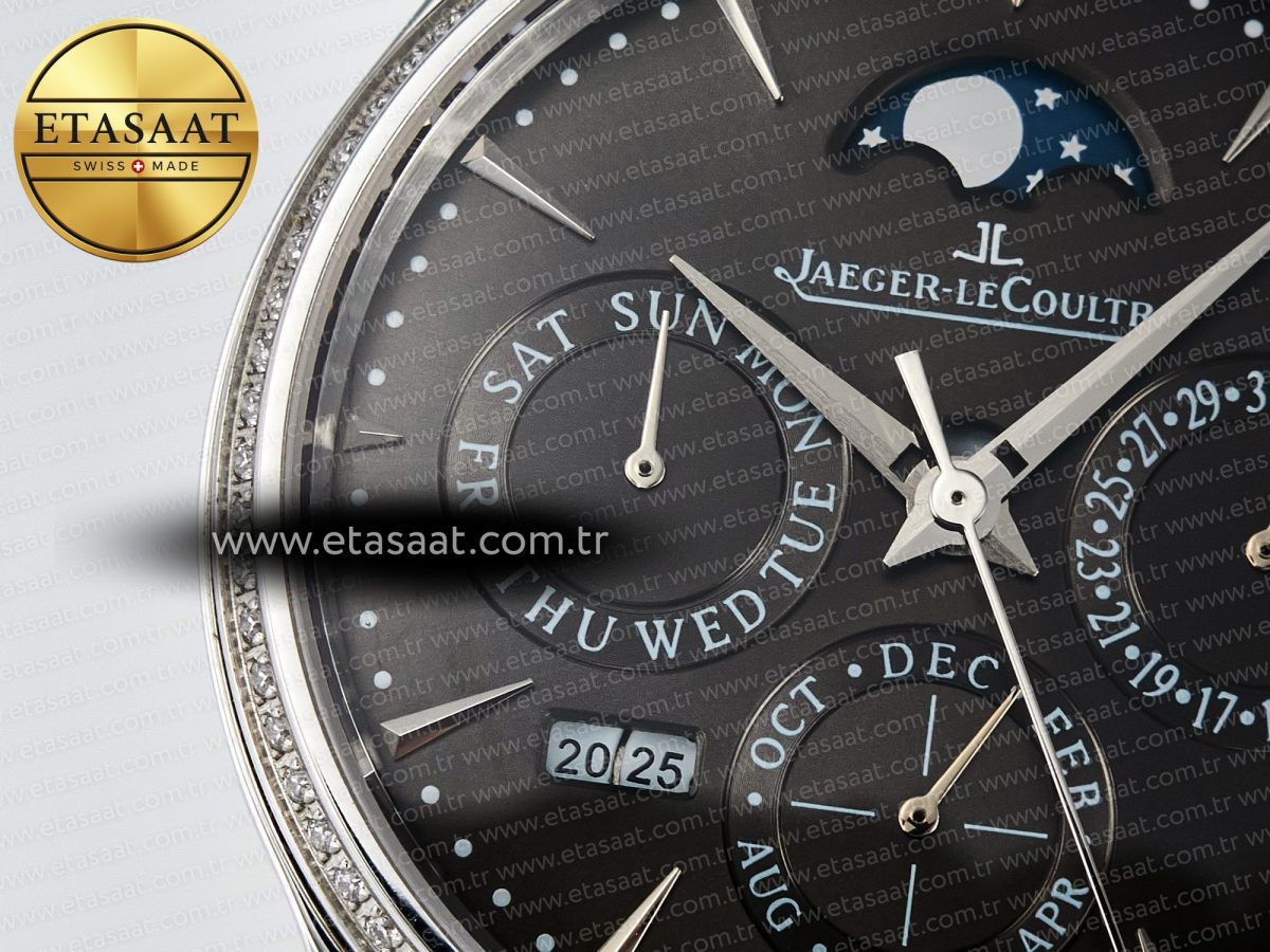 Jaeger Lecoultre Master Ultra Thin Perpetual Calendar SS V9F 1:1 Best Edition Gray Dial Diamonds Bezel on Black Leather Strap A868 V2 - Görsel 10